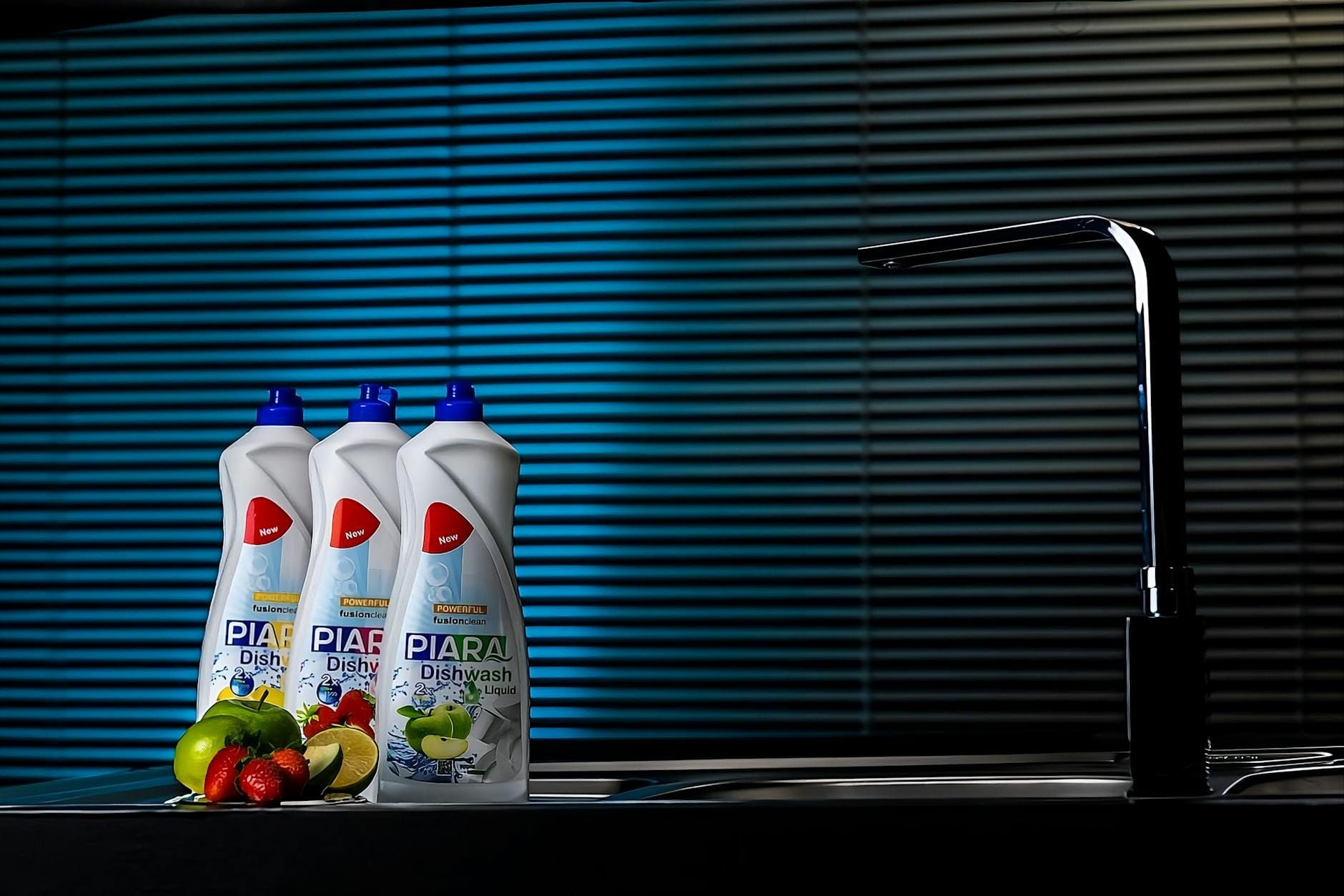 Butelki płynu do naczyń z owocami na blacie nowoczesnej kuchni